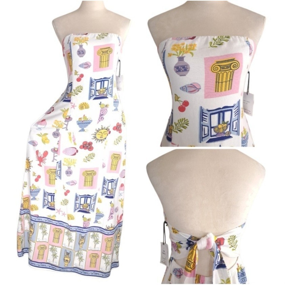 Japna Strapless Maxi Dress M Boho Tropical Pockets Linen Blend Tie Back Lined